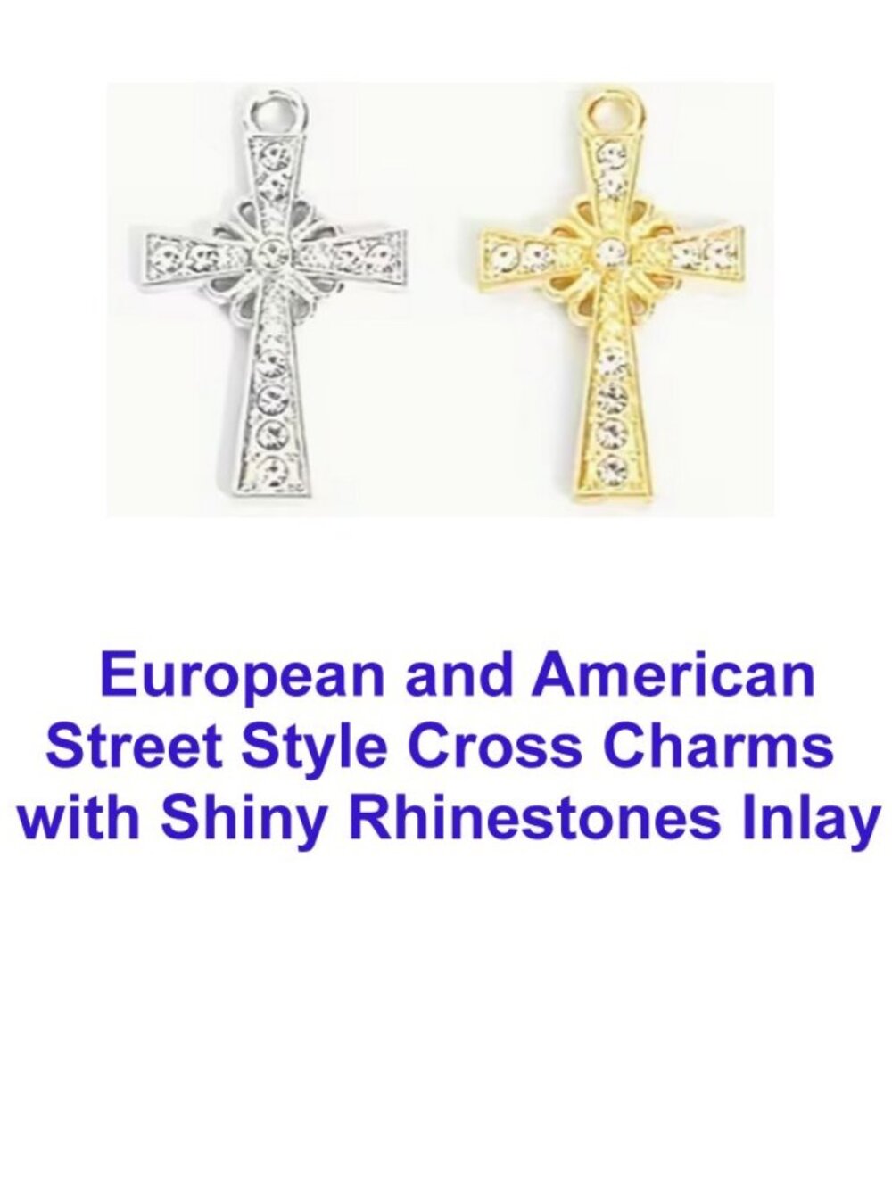 Two American Street Style Cross Charms w/ Shiny Rhinestones Inlay Gold & Silver